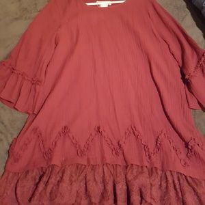 Burgundy bell sleeve ruffle tunic